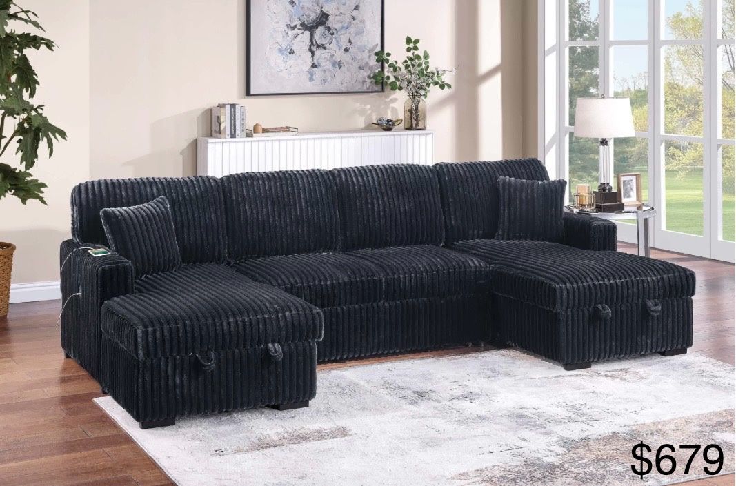 Black Corduroy Sectional Sleeper With Storage