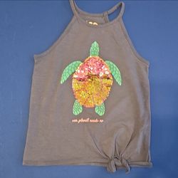 SO Girls S (7) Gray Sequin Turtle Graphic Print High Neck Sleeveless Tank