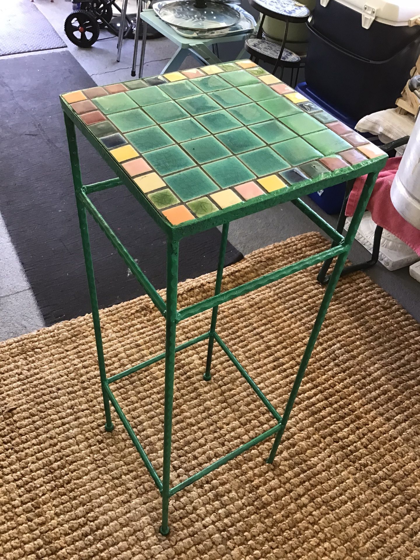 Cast Iron Tall Table Or Stand With Ceramics Tiles , Very Heavy  35 “ High Tap Is 13 “
