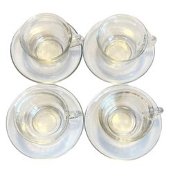 Vintage Arcoroc France MCM Set of 4 Clear 8oz. Glass Tea/Coffee Cups & Saucers