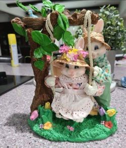 Fabric mache Easter Bunny Couple On Swing Decoration