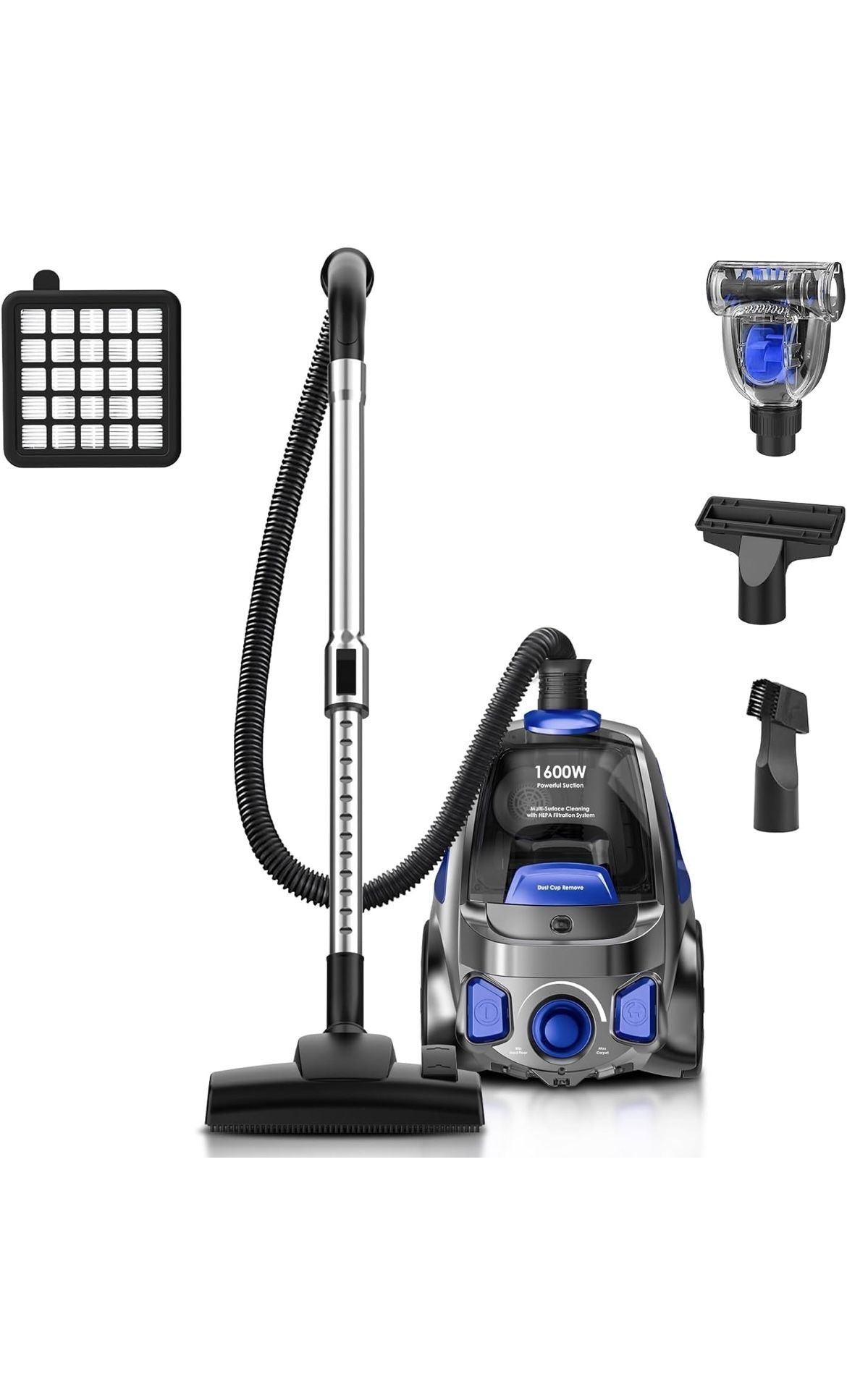 Canister Vacuum Cleaner, Bagless Vacuum Cleaner, Dust Full Indicator, Large Capacity, Lightweight Vac for Hard Floors, Carpet, Pet, Upholstery, Blue