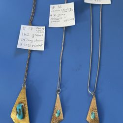 three handmade gold-tone necklaces with turquoise triangle pendants.please Check Out All Photos For More Details .EACH 