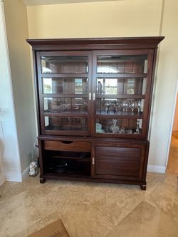 Ethan Allen Dark Wood China Cabinet with Glass Doors