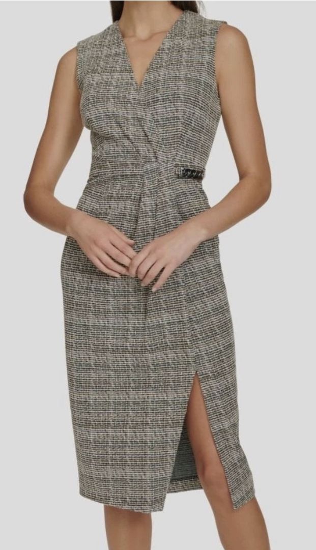 🎉 Calvin Klein Women's Beige Tweed Surplice MIDI Dress Size 2