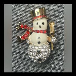 ⛄ Sparkly Rhinestone Snowman Brooch – Holiday Enamel Pin ❄️