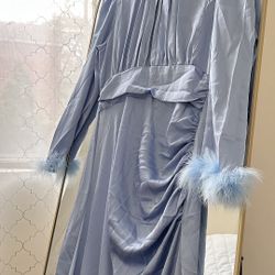 Satin Blue Feather-Cuff Maxi Dress