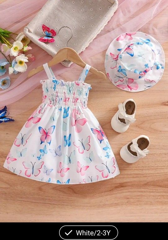 Baby's Cartoon Colorful Butterfly Pattern Shirred Sundress & Sunhat