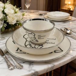Brand New 12 PC Cartoon White Gloomy Bear Dinnerware Set, Ceramic Plate & Bowl Set for 4