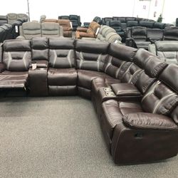 New Reclining Sectional.  Brown Or Grey Gel Leatherette.  106” X 106”.  Free Delivery!