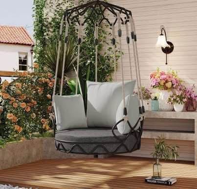 New Assembled Outdoor Hanging Swing Chair w/ UV-Resistant Cushion, Olefin Fabric Patio Porch Balcony