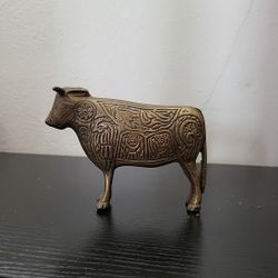 Rare Vintage Brass Bull Statue Engraved With Flowers & Other Symbolism