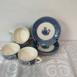 4 Sets) VNTG Currier & Ives Flat Cup + Saucer EUC