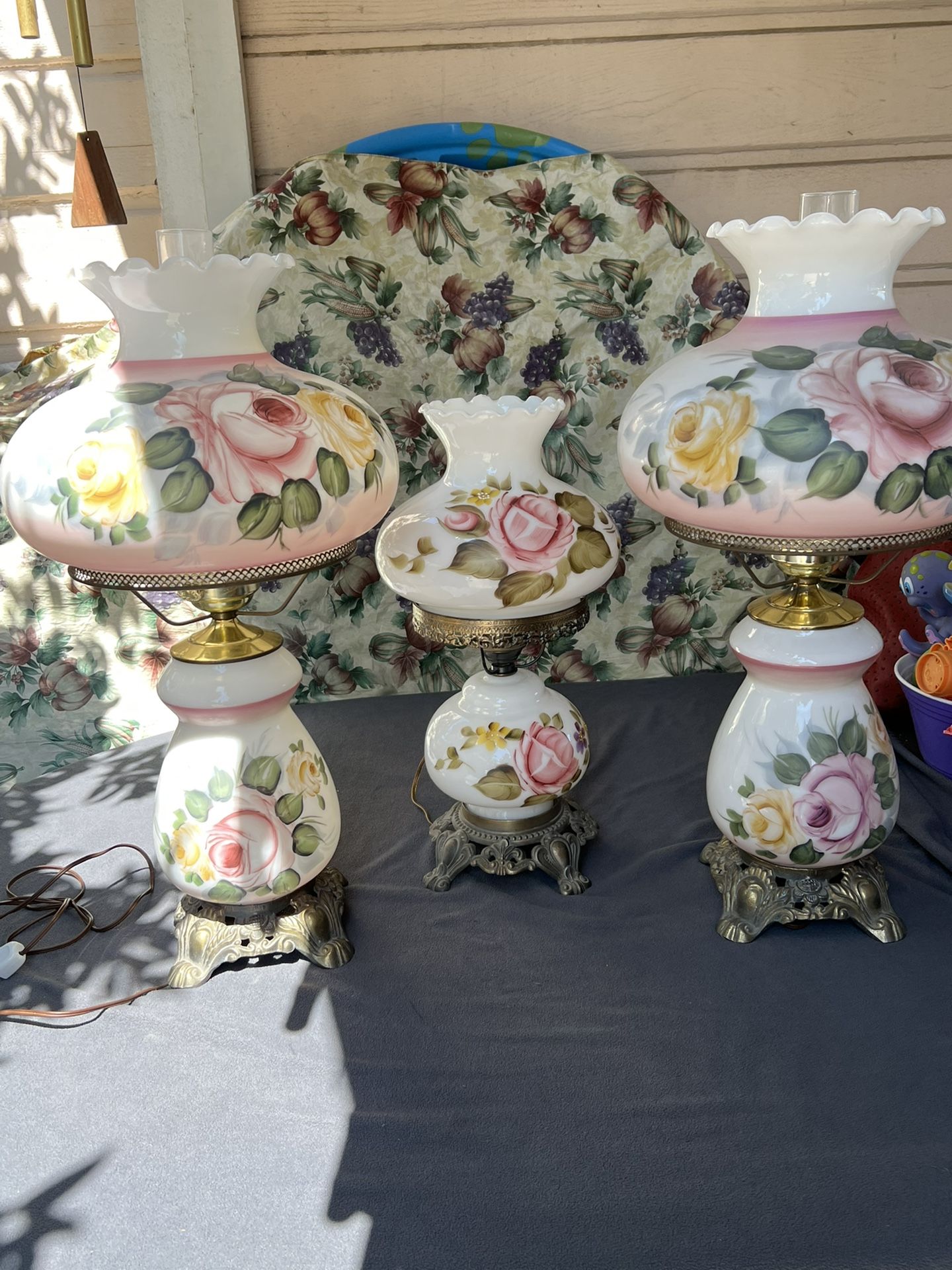 Vintage Hurricane Lamps Hand Painted Pink Floral Glass And Brass
