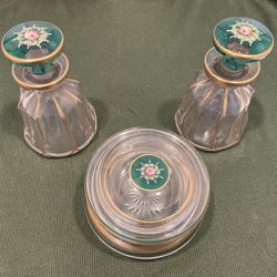 Set of 2 Victorian era crystal decanters and a matching trinket cut glass jar