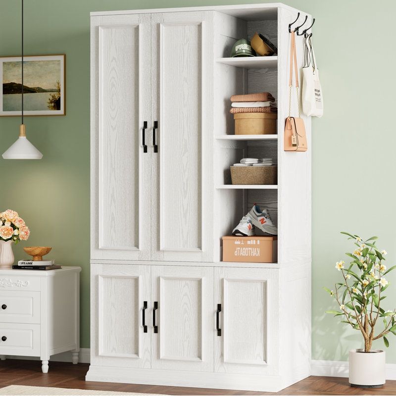 5-Door Wooden Wardrobe With Hanging Poles & 4 Open Storage Shelves, 70” Armoire For Hanging Clothes