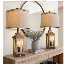 23.75" Natural Wood Farmhouse Table Lamps Set of 2 – Retro Nightstand Lamps with 3 Way Dimmable Touch Control Night Light & USB A+C Ports, Rustic Lamp
