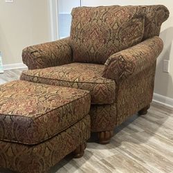 Chair And Ottoman, Sofa And Matching Loveseat,  Leather Loveseat And Hard Wood End table With Sofa table. 