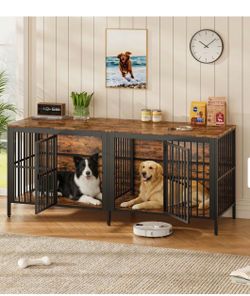 80" Dog Crate End Table, Heavy Duty 2-Door Indoor Pet Kennel, Multipurpose Dog House Furniture as TV Stand or Side Table - Rustic Brown