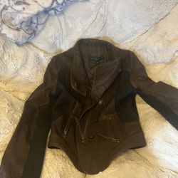 Via Spiga Brown Leather Gray Wool Knit Asymmetrical, Zip Moto Jacket