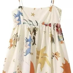 Womens M Summer Balloon Dress Adjustable Straps Horse Flower Star Vintage Print 