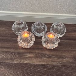 Set Of 5 Kosta Boda Sweden Heavy Glass Snowball Ice Votive Tea Light Candle Holders Christmas Holiday Winter Decor