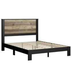 Bezza Panel Queen Size Platform Bed, Knotty Oak and Black Matte