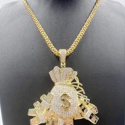 ✅4.50Ct Hip Hop Round Cut Cubic Zirconia Diamond Money Bag Pendant 14K Gold Plated and 24 Inch Chain✅🔥