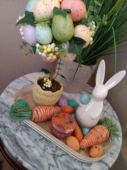 $19 Adorable Easter Decor, Egg Topiary, Ceramic Bunny, Candle, Carrots and Eggs. Wooden Tray