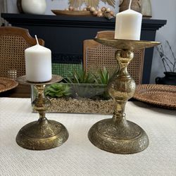Pair Of Beautiful Vintage Brass Pillar Candle Holders 