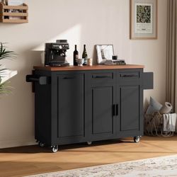 Modern Kitchen Island with Storage - Rolling Island Cart on Wheels with Power Outlet, Drop Leaf, Tra