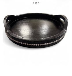 Round Black Wooden Tray with Handles