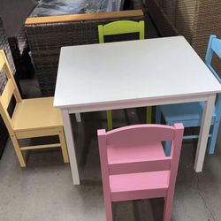 Assembled New Kids Table and Chair Set, Wooden Toddler Table and 4 Chairs