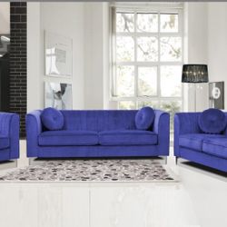 Blue. Velvet 3pc Living Room Set Sofa,loveseat And Chair 