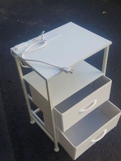 White Nightstand with Drawers and Power Strip