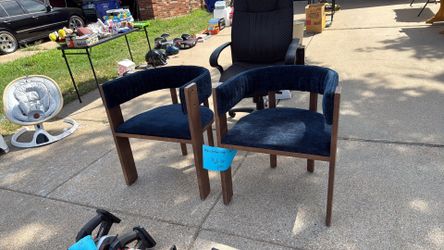 Pair of Mid-Century Style Navy  Blue Velvet Barrel Chairs