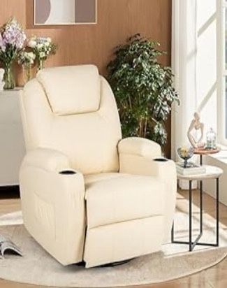 Beige Leather Massage Recliner Chair 360 Degrees Swivel Heated Ergonomic Lounge Chair