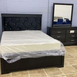 Black Upholstered Bedroom Set Queen or King Bed Dresser Nightstand Mirror Chest Options