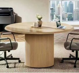 XK00817 47" Round Conference Table for 4, Farmhouse Wooden Meeting Room Table with Sturdy Fluted Metal Base, Modern Office Training Desk for Office, C