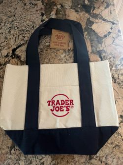 Trader Joe's Mini Canvas Tote Bag in the Navy Blue & Beige colorway
