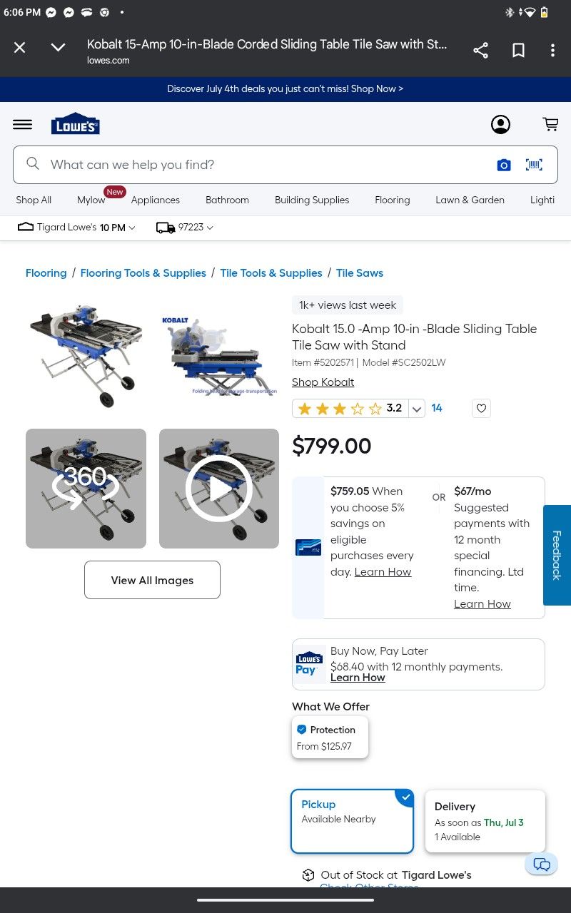 Kobalt Table Wet Tile Saw