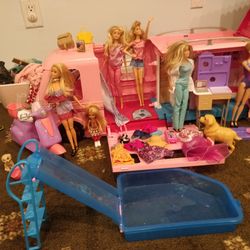 Barbie Camper + Assorted Barbie Dolls + Accessories