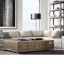 Restoration Hardware Printmaker’s Collection Antique Pinewood Coffee Table with Pullout Drawers