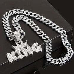 2 Pcs Fully Iced 14K White Gold Plated Cubic Zirconia Maimi Cuban Link 20 Inches Pendant Necklace & Bracelet Set 