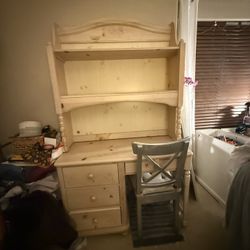 Ethan Allen Wood Desk with Hutch Top with Light and chair