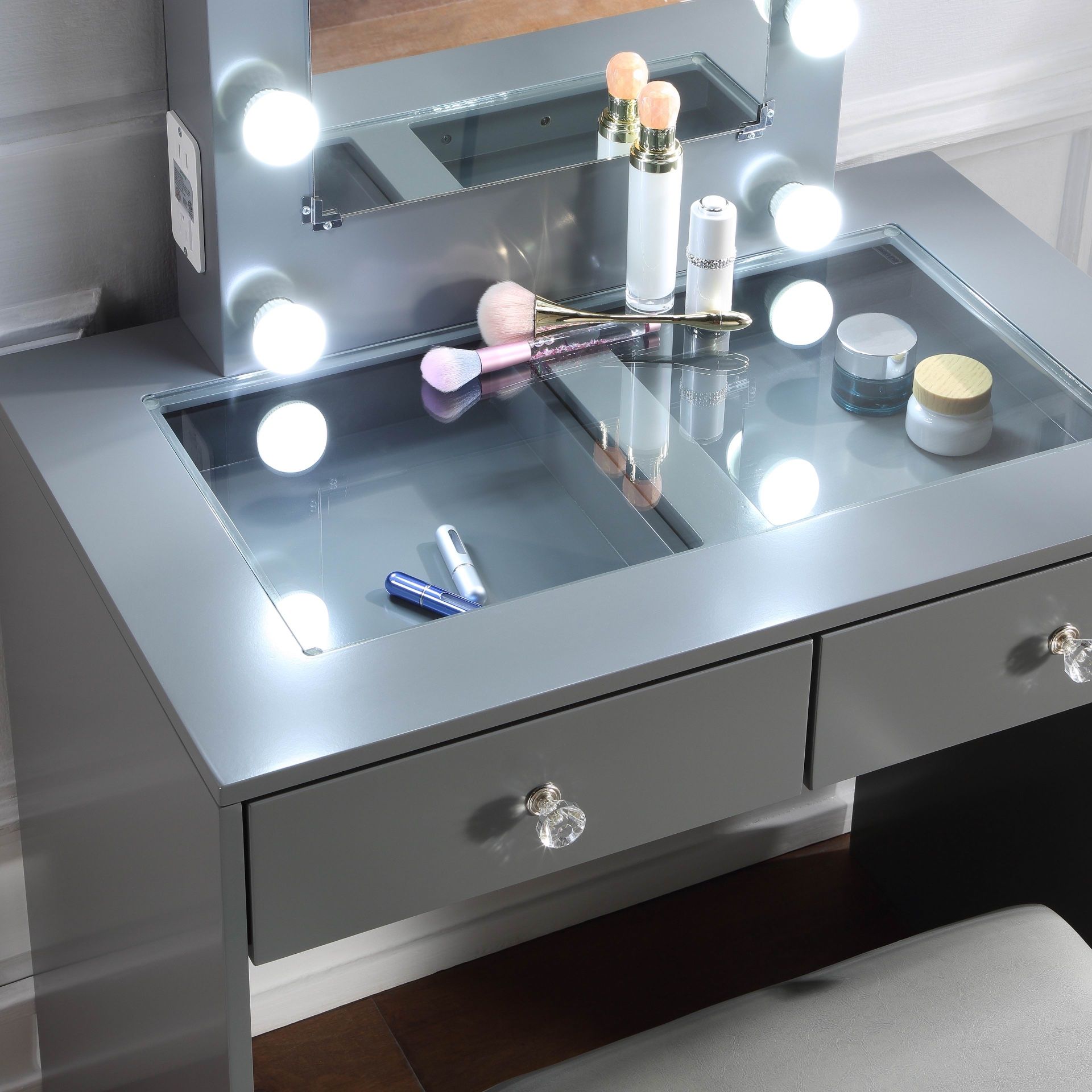 Grey Makeup Vanity w/Lights and USB and StoolClearance(13) for Sale in