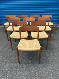 Mid Century Modern Solid Teak Dining Chairs by Niels Otto Moller Model 75 Set of 10
