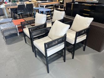 New - Set of 4 GRAND PATIO Outdoor Dining Chair Set, Metal Woven Wicker Fixed Patio Chairs with Grey Cushions