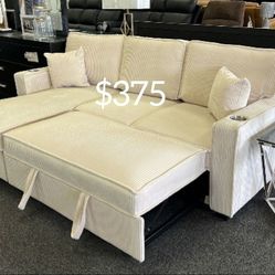 Elegant 2-PC Corduroy Sectional Sofa With Storage, Pullout Bed, And USB Port 
