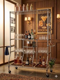 🍸 LARGE ROLLING BAR CART / METAL STORAGE SHELVING – GREAT FOR HOME OR BUSINESS